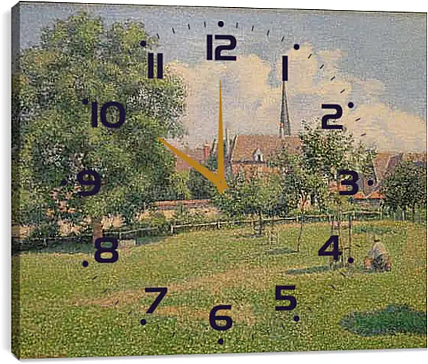 Часы картина - Дом глухой женщины и колокольня в Эраньи. Камиль Писсарро