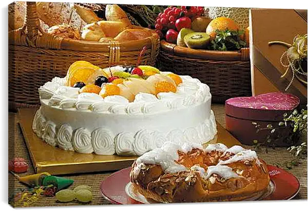 Постер на подрамнике - Фрукты, хлебная выпечка и торт. Сладкий натюрморт.