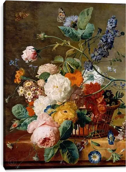 Постер на подрамнике - Корзина с цветами и бабочки. Ян ван Хёйсум