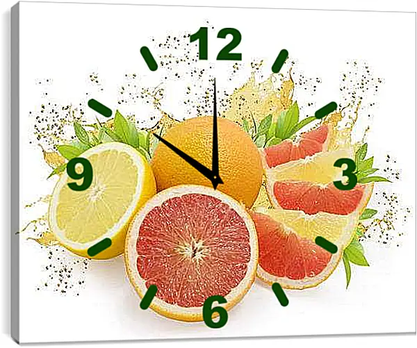 Часы картина - Фруктовое ассорти на белом фоне. Цитрусовый взрыв.