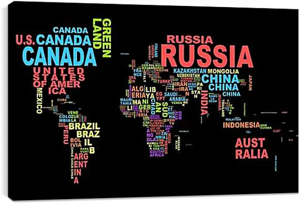 Постер на подрамнике - Карта мира из названий стран