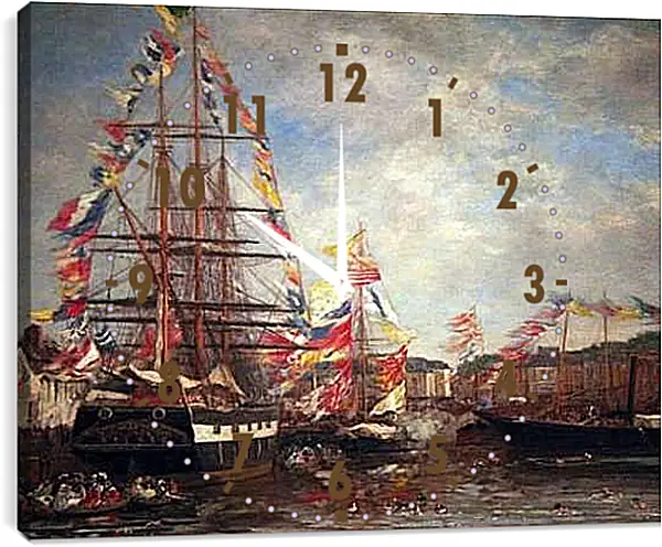 Часы картина - Festival in the Harbor of Honfleur. Эжен Буден
