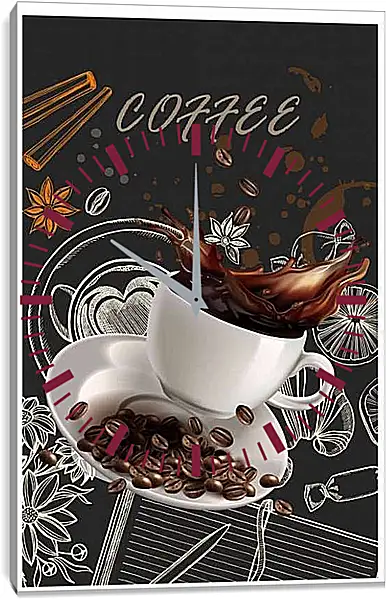 Часы картина - Брызги кофе и зёрна на блюдце. Аромат Кофе.