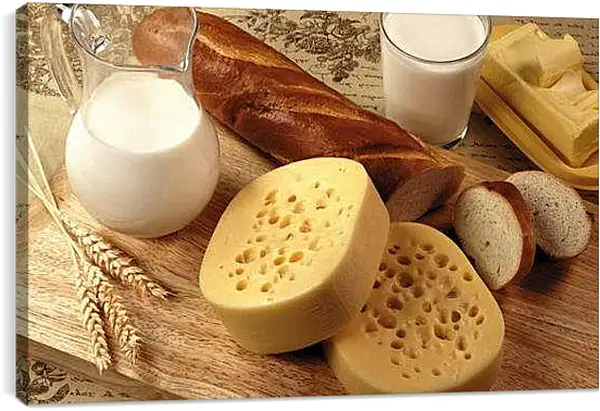 Постер на подрамнике - Батон, сыр, кувшин и стакан молока на столе. Аромат утра.