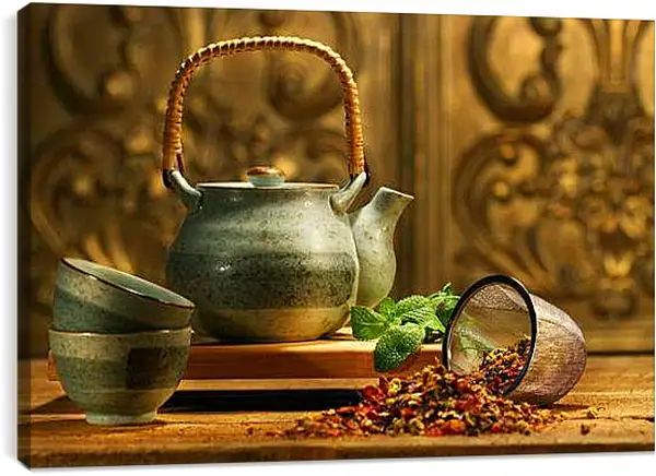 Постер на подрамнике - Чайник с чашками. Чайная церемония.