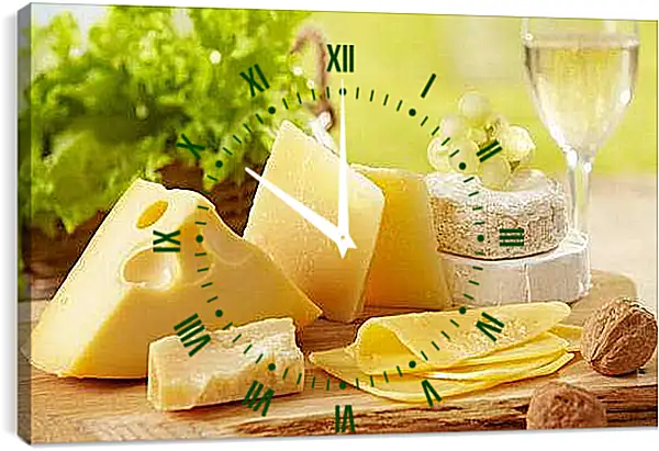 Часы картина - Сыр, орехи, виноград и бокал вина. Сырная идиллия.