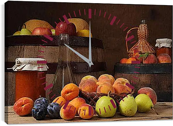 Часы картина - Фрукты, варенье, бочки. Осенний натюрморт.