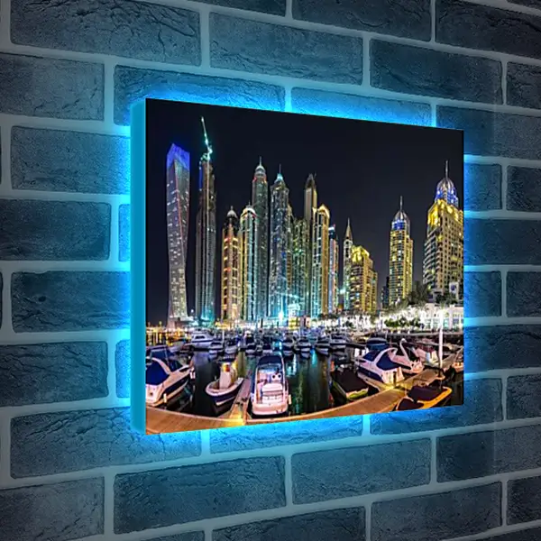 Лайтбокс световая панель - Яхты в гавани на фоне города. Дубай