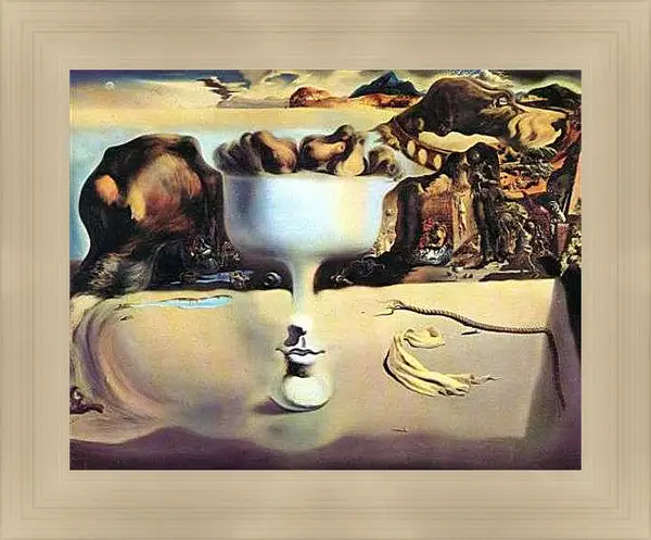 Картина в раме - Явление лица и вазы с фруктами на берегу моря. Сальвадор Дали