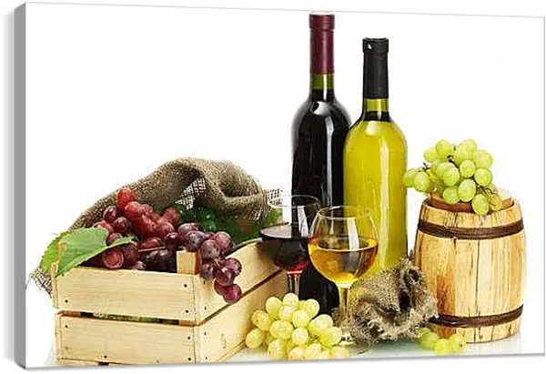 Постер на подрамнике - Ящик винограда, бочка и две бутылки вина. Винный натюрморт.