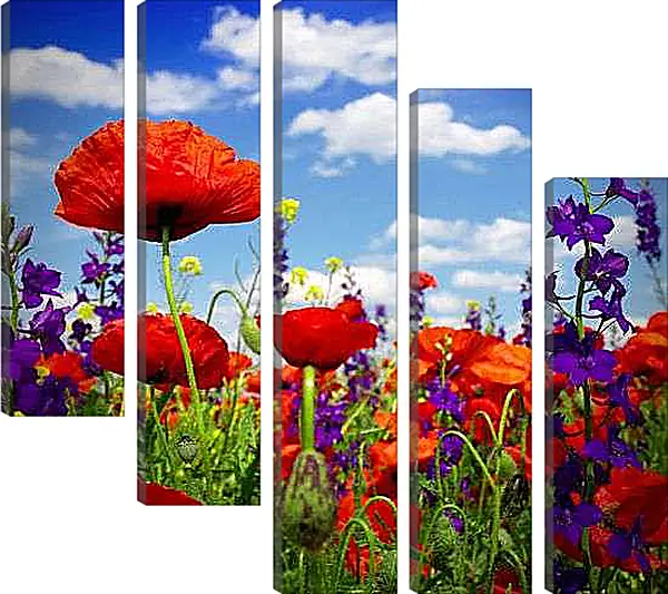 Модульная картина - Маки и фиолетовые цветы