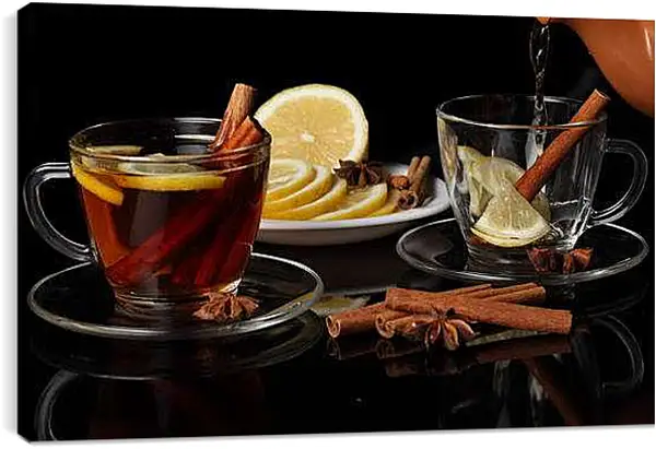 Постер на подрамнике - Чашка чая с лимоном и чашка с лимоном без чая. Чай с ароматом зимы.