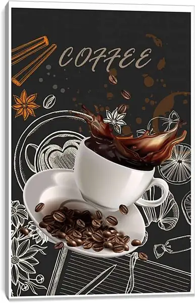 Постер на подрамнике - Брызги кофе и зёрна на блюдце. Аромат Кофе.