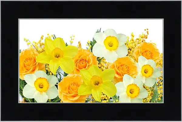 Картина в раме - Нарциссы и желтые розы