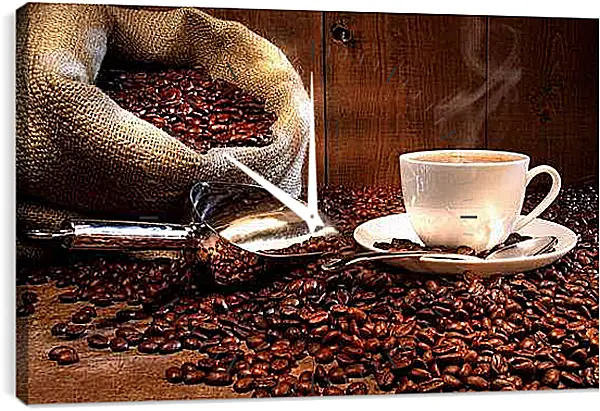 Часы картина - Чашка и зёрна кофе. Ароматное Утро.