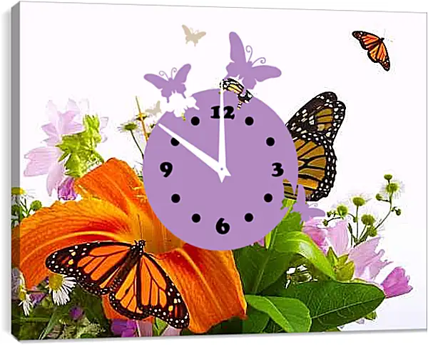 Часы картина - Бабочки на цветке