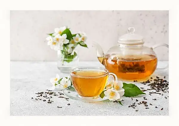 Картина в раме - Чашечка чая на блюдце и чайничек. Жасминовое утро.