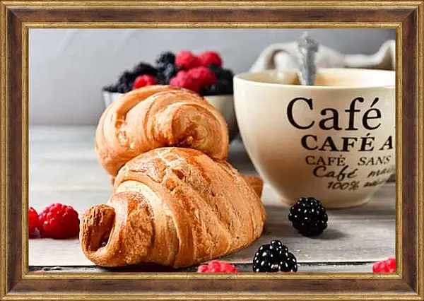 Картина в раме - Два круассана и чашечка кофе. Утреннее Наслаждение.