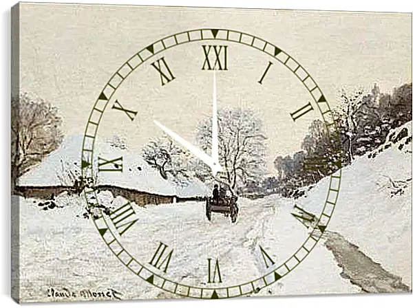 Часы картина - A Cart on the Snowy Road at Honfleu. Клод Моне
