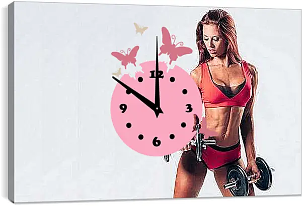Часы картина - Рыжеволосая девушка с гантелями
