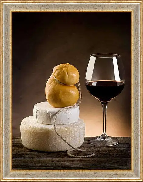 Картина в раме - Бокал вина и сыр. Вкус и аромат.