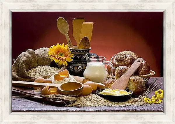 Картина в раме - Натюрморт молоко и хлеб. Домашний уют.