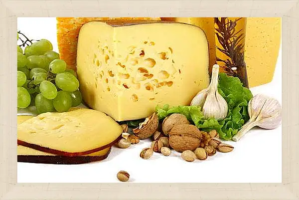 Картина в раме - Виноград, сыр, орехи и чеснок. Сырное Изобилие.