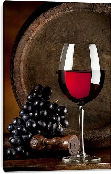 Постер на подрамнике - Виноград и бокал вина. Винная Гармония.