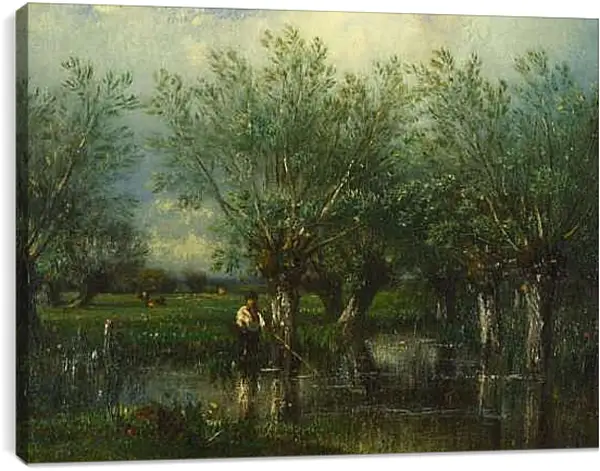 Постер на подрамнике - Willows, with a Man Fishing.. Жюль Дюпре