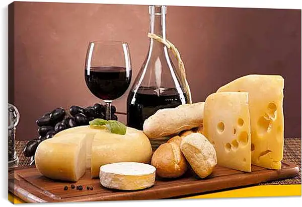 Постер на подрамнике - Хлеб, сыр, виноград и вино. Вкус Изысканности.