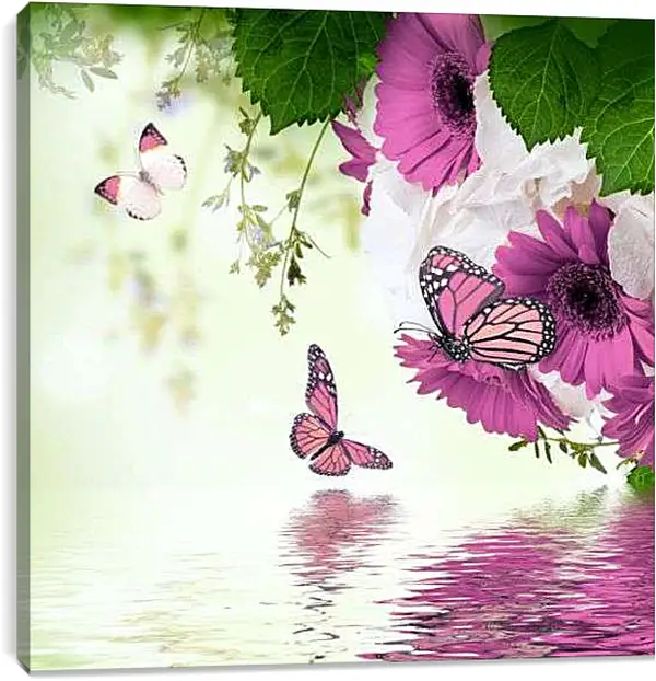 Постер на подрамнике - Герберы и бабочки