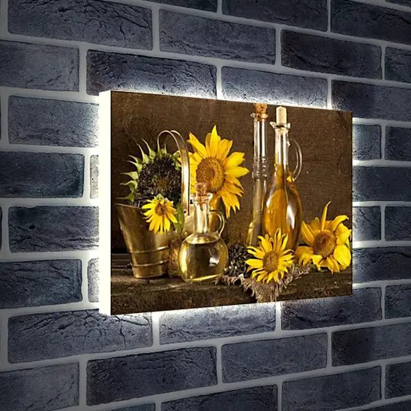 Лайтбокс световая панель - Подсолнухи и три бутылки подсолнечного масла. Солнечная симфония вкуса.