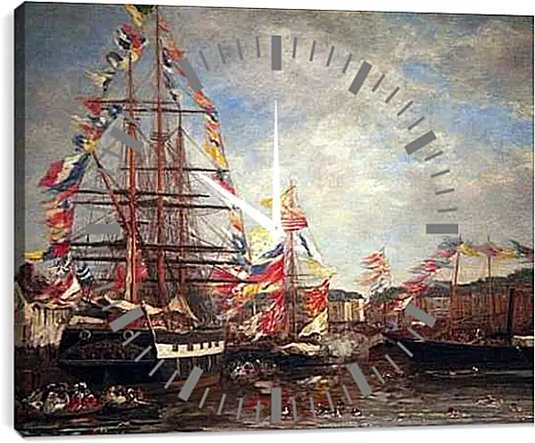 Часы картина - Festival in the Harbor of Honfleur. Эжен Буден