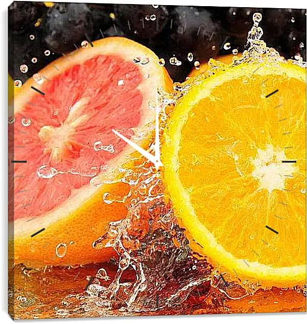 Часы картина - Апельсин и грейпфрут в воде. Сочный взрыв.