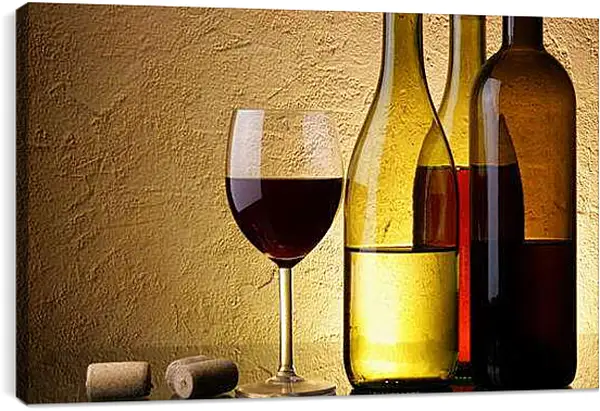 Постер на подрамнике - Две бутылки с вином и бокал. Винная Гармония.