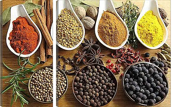 Модульная картина - Приправы и пряности на столе. Ароматы кухни.