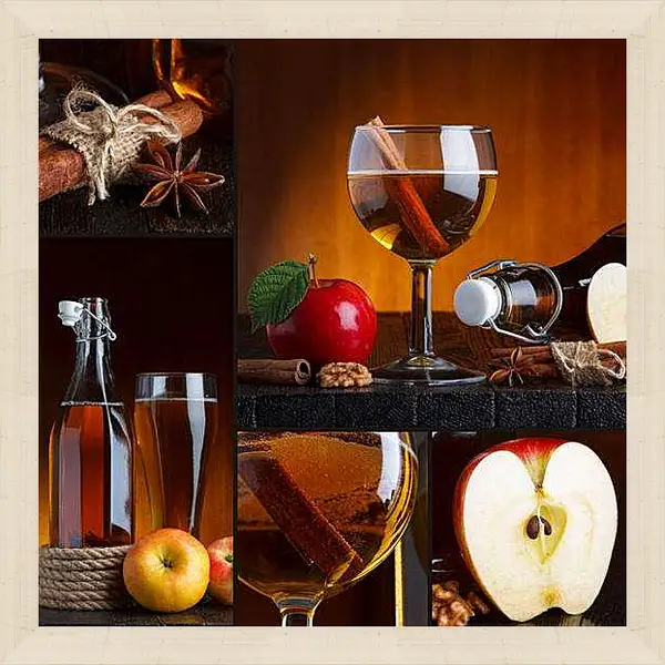 Картина в раме - Бокал яблочного сока. Осеннее настроение.