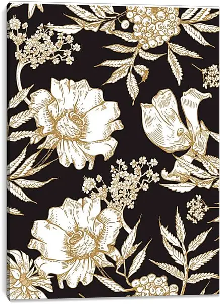 Постер на подрамнике - Белые цветы на черном фоне