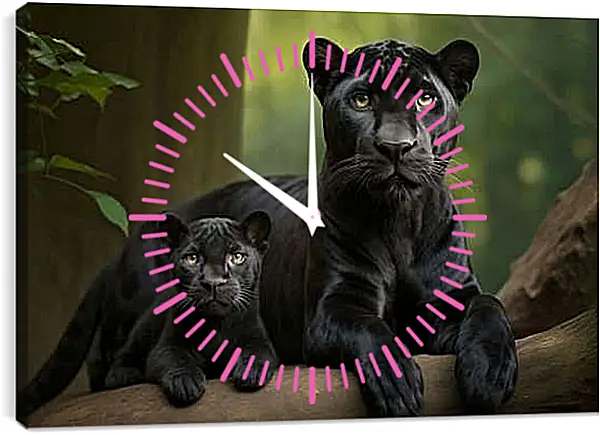 Часы картина - Пантера с детёнышем