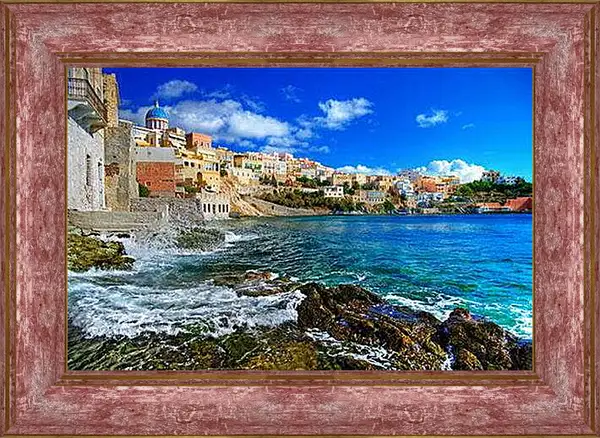Картина в раме - Греческий городок у моря