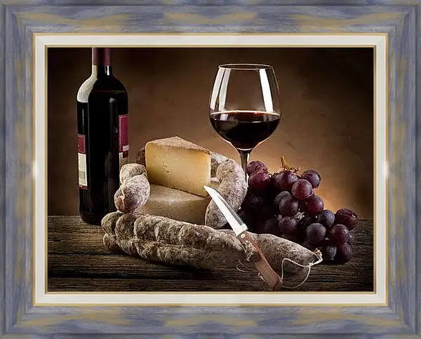 Картина в раме - Красное вино и сыр. Винный натюрморт.