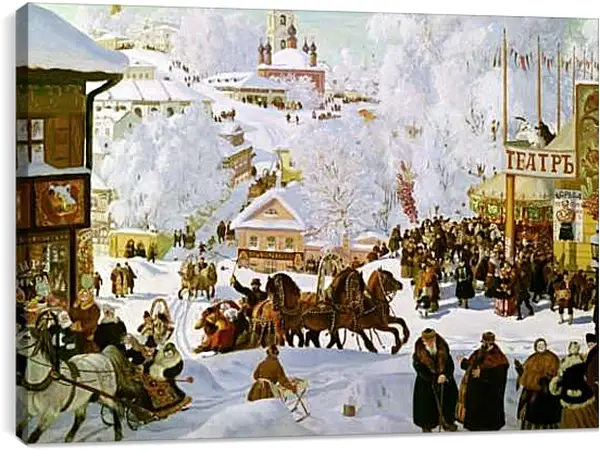 Постер на подрамнике - Масленица (Масленичное катание). Борис Кустодиев