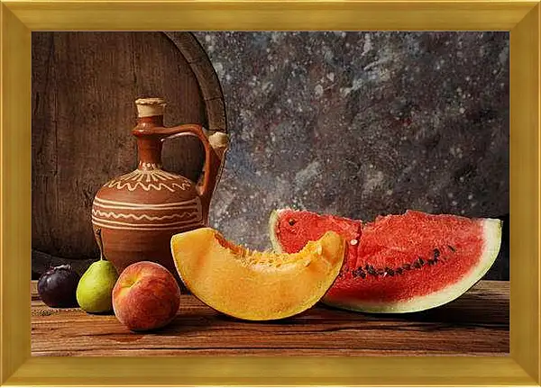 Картина в раме - Дыня и арбуз. Летний натюрморт.