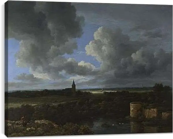 Постер на подрамнике - A Landscape with a Ruined Castle and a Church. Якоб ван Рейсдал