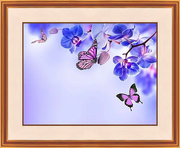 Картина в раме - Бабочки и синие орхидеи
