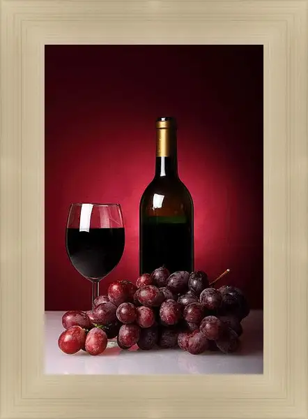 Картина в раме - Бутылка красного вина и виноград. Винный натюрморт.