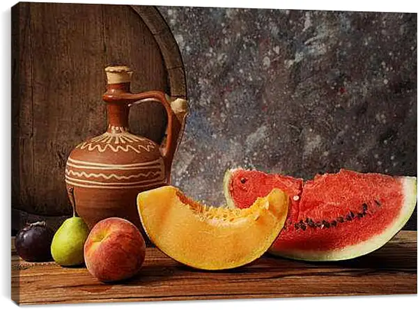 Постер на подрамнике - Дыня и арбуз. Летний натюрморт.