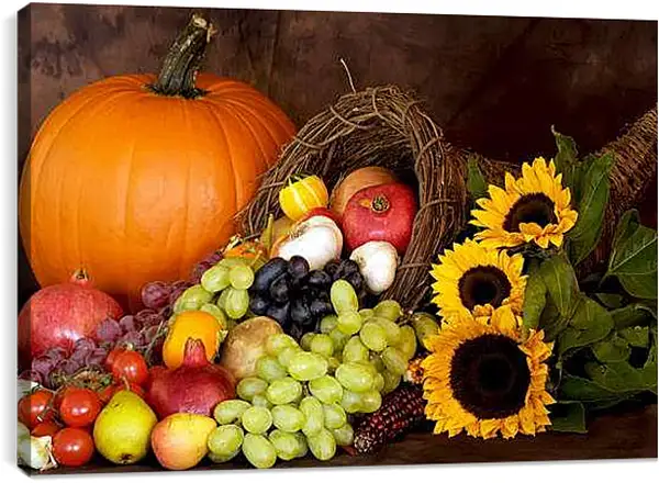 Постер на подрамнике - Тыква и подсолнухи. Щедрый урожай.
