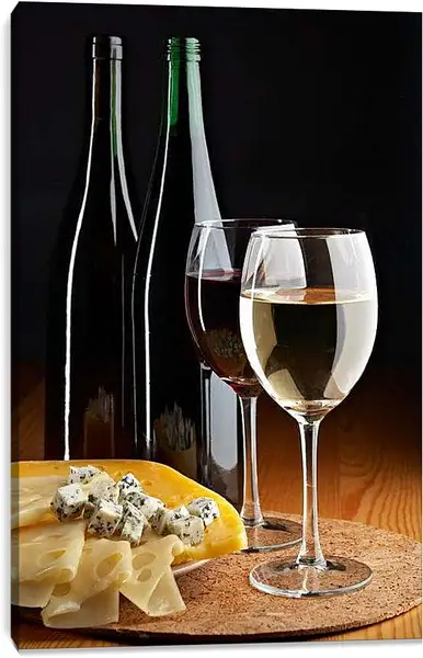 Постер на подрамнике - Вино и сыр. Вечерний Натюрморт.
