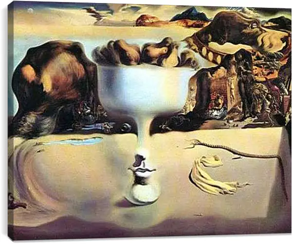 Постер на подрамнике - Явление лица и вазы с фруктами на берегу моря. Сальвадор Дали